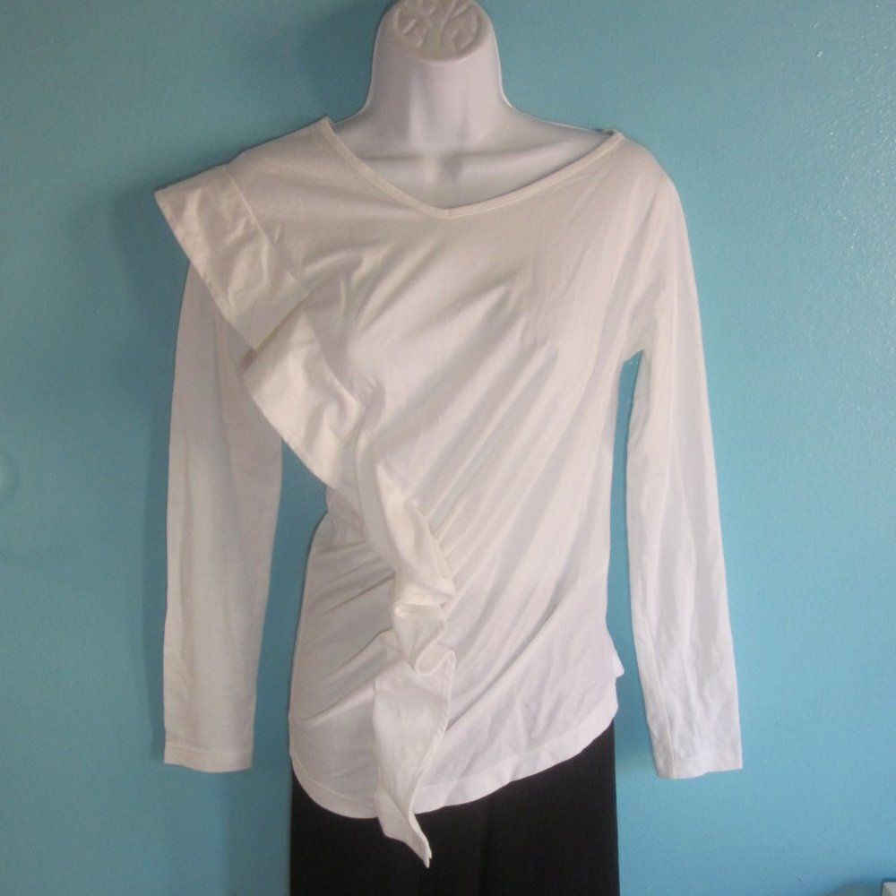 Lu Lu Cheung Womens Size S Asymmetrical Long Sleeve White Cotton Ruffle Tee